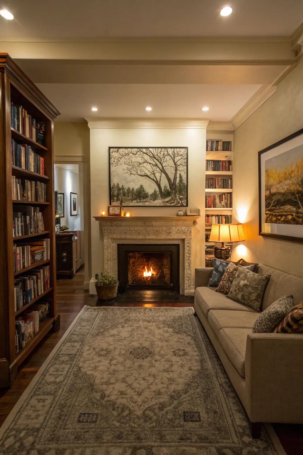 A narrow living room with a central focal point enhancing the space.