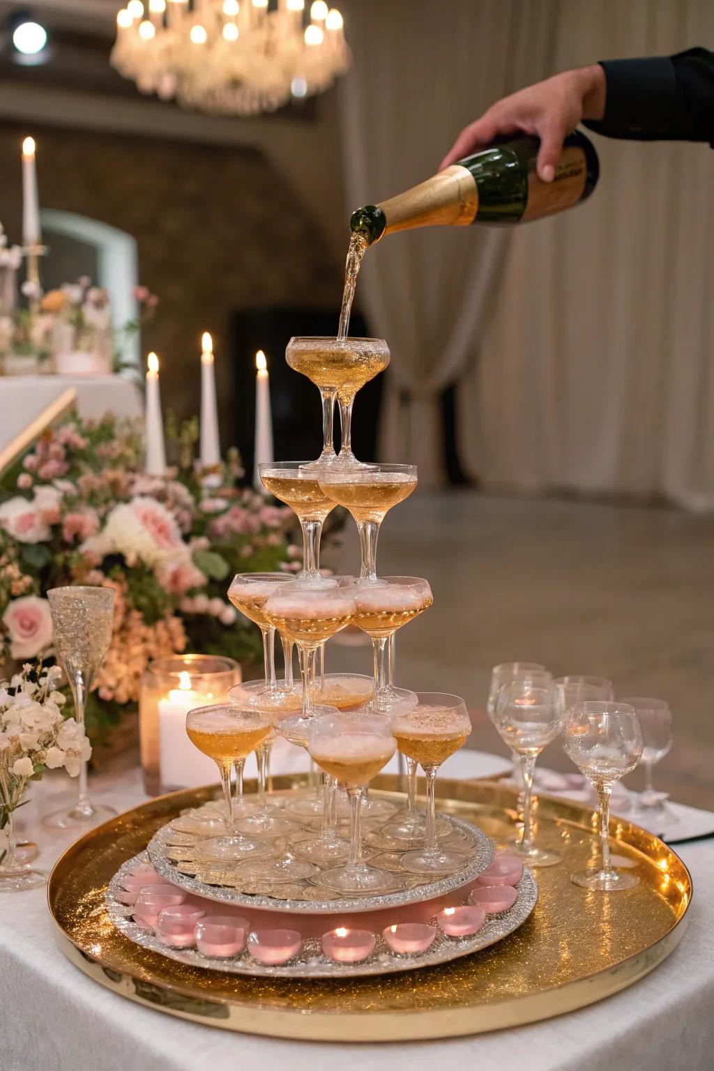 A champagne tower serves as the perfect celebration centerpiece.