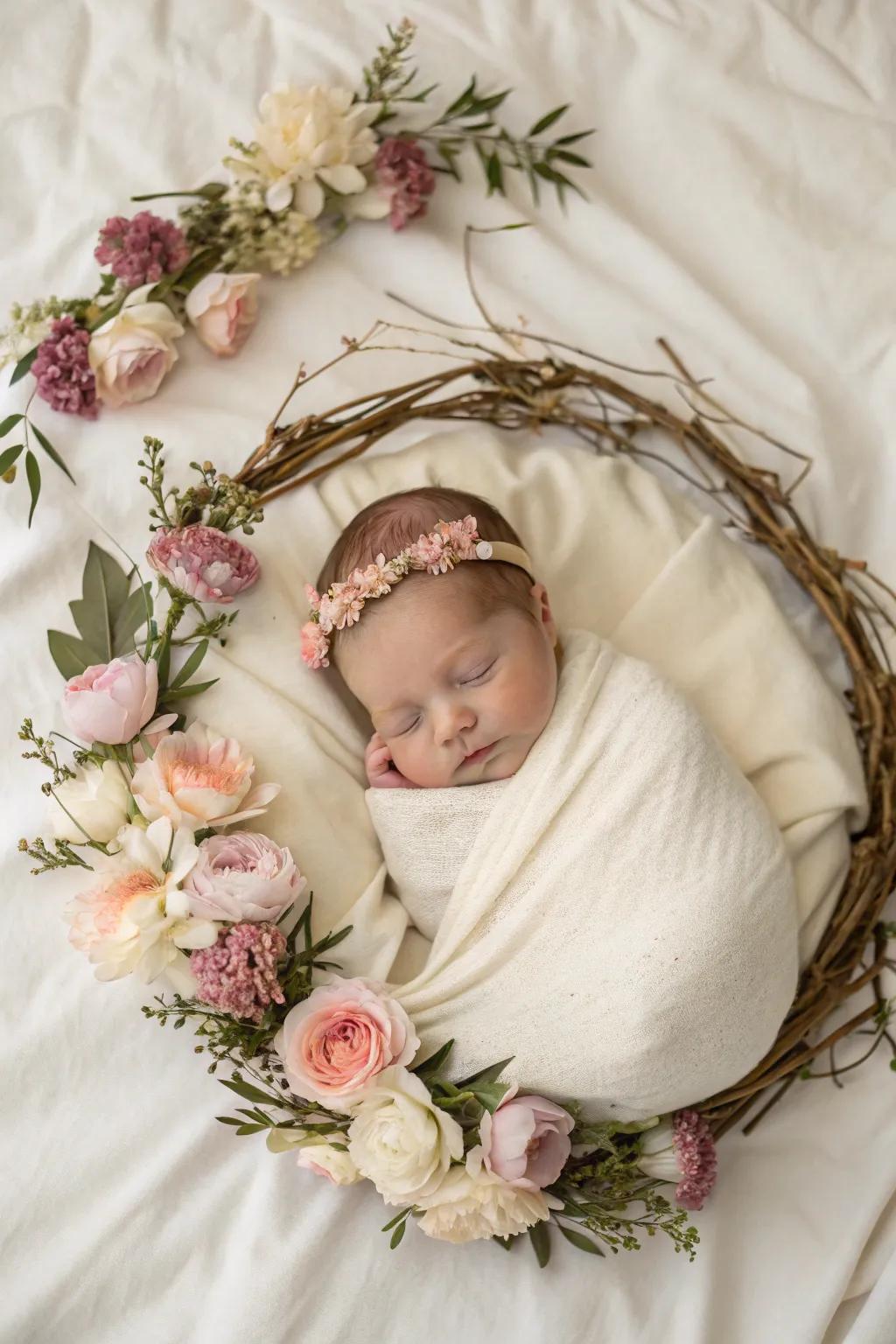 A newborn cradled in a beautiful floral wreath.