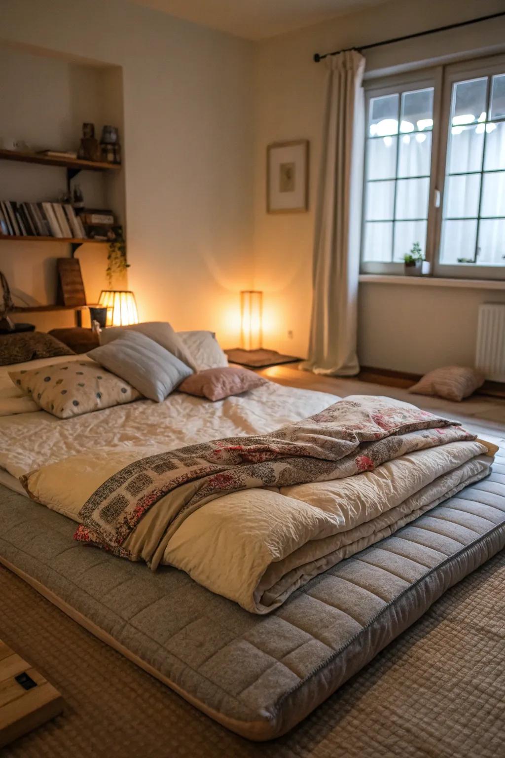 Layered bedding creates a cozy and inviting atmosphere.