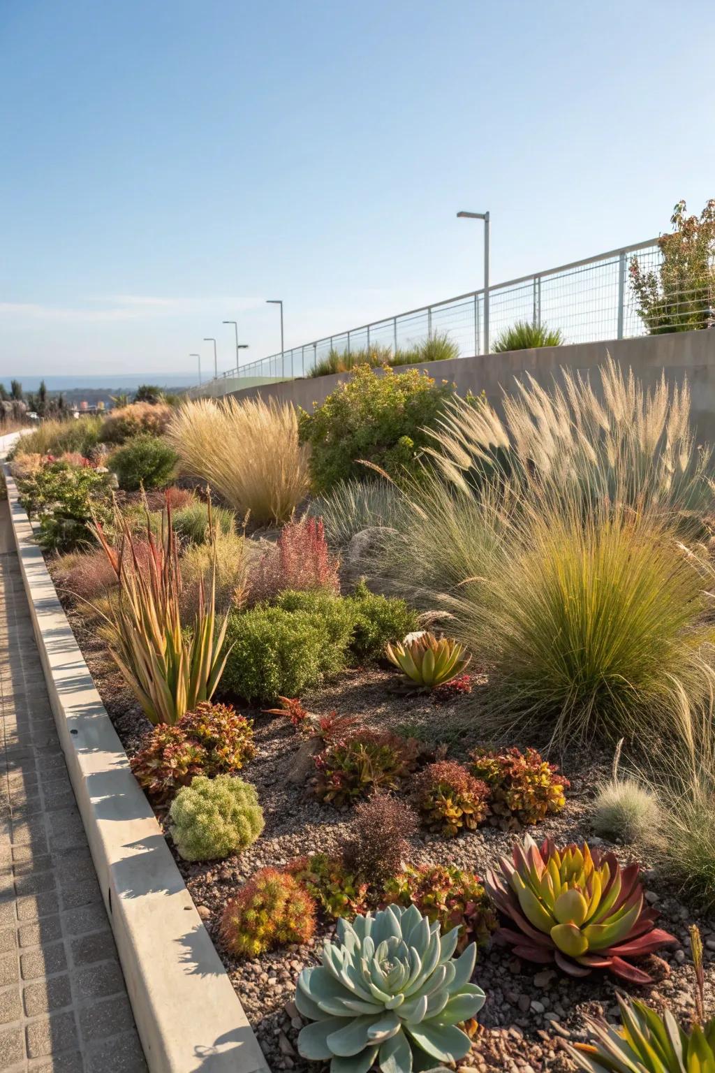 A vibrant array of drought-tolerant succulents and grasses.