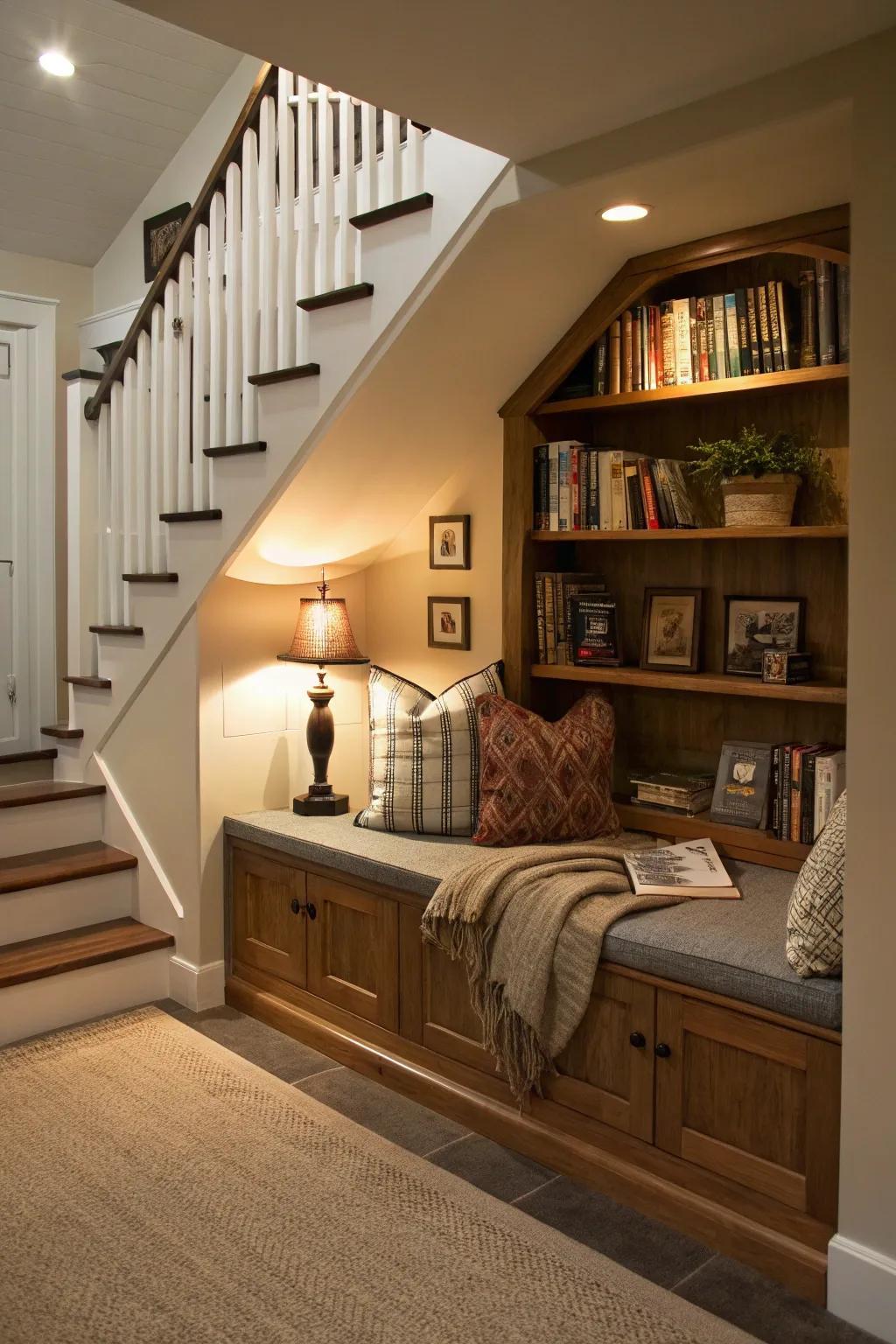 An under-the-stairs nook offers a hidden retreat with cozy seating and ample book storage.