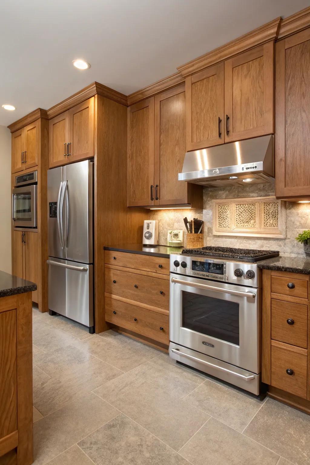 Modern meets classic with stainless steel appliances in an oak kitchen.