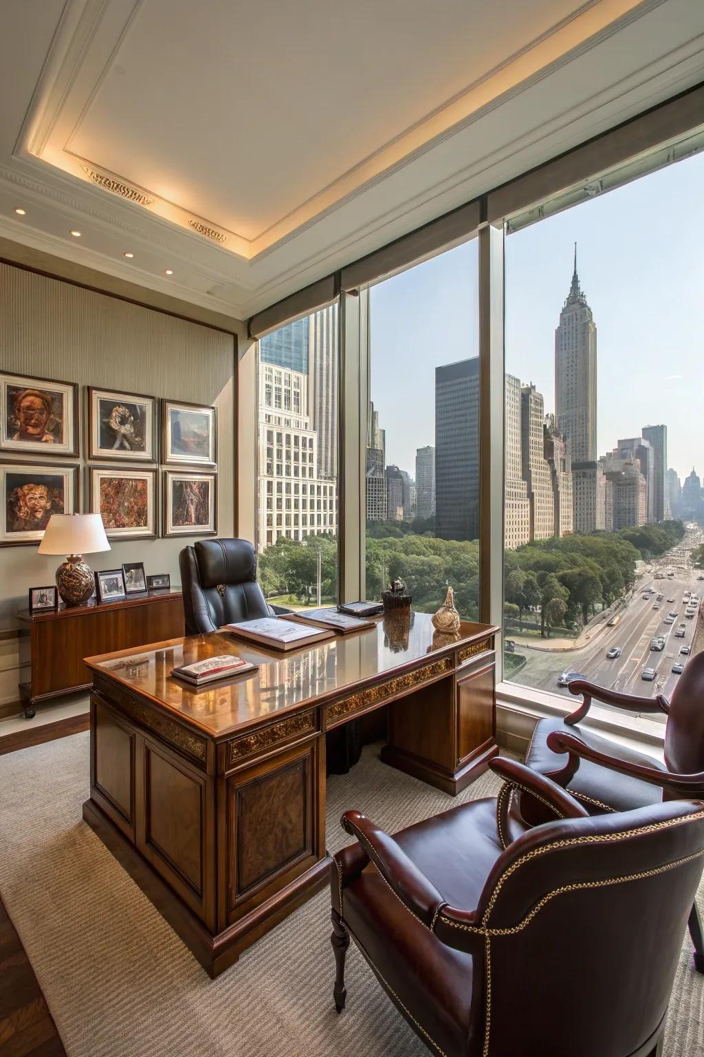 A private executive office with luxury and city views.