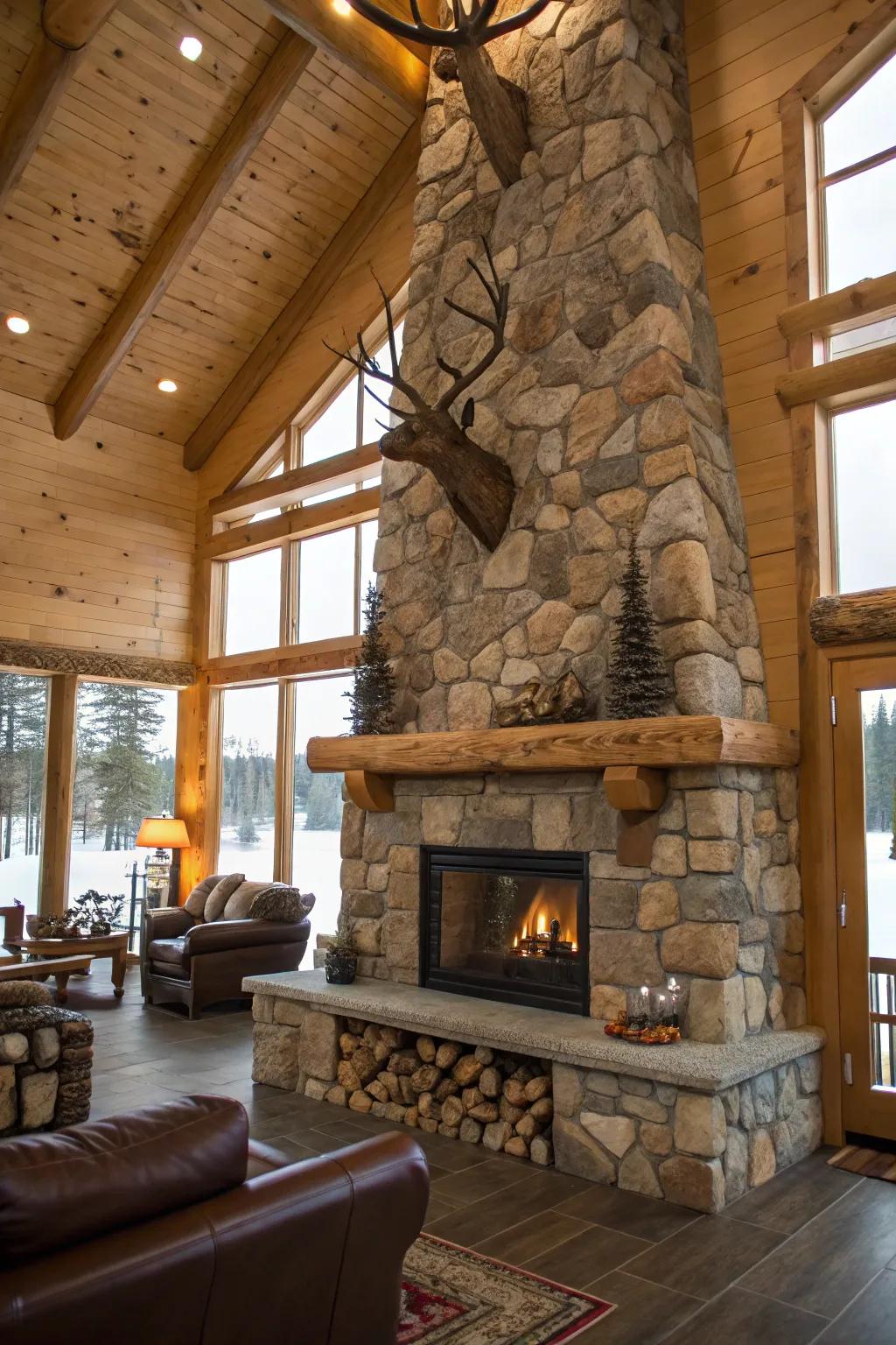 A large stone fireplace as the focal point in a rustic hunting lodge.