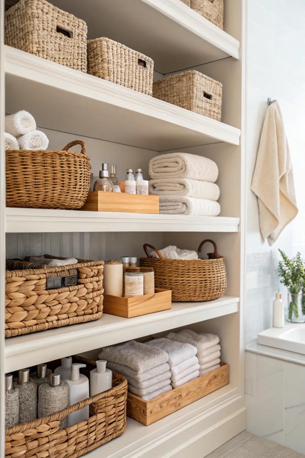 Woven baskets provide stylish, concealed storage on open shelves.