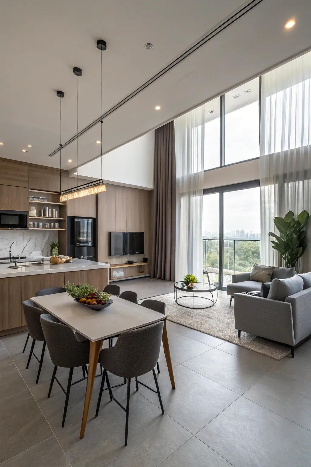 An integrated open space that combines living, dining, and kitchen areas seamlessly.