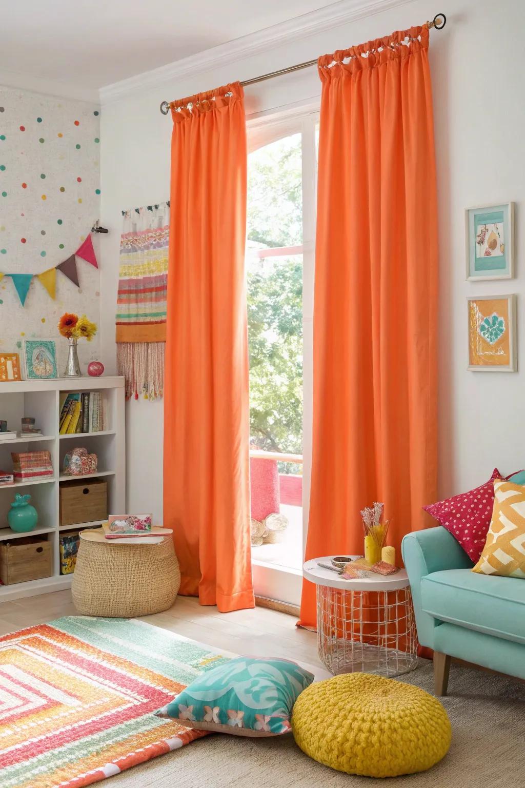 Bright tangerine curtains bringing a lively energy to the space.