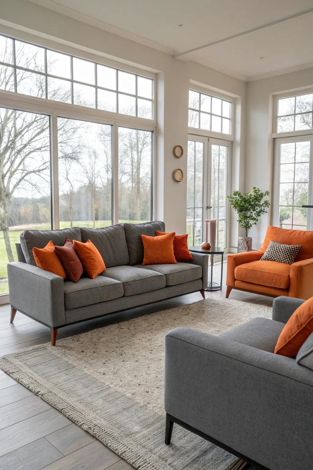 A balanced living room with gray furniture accented by orange cushions.