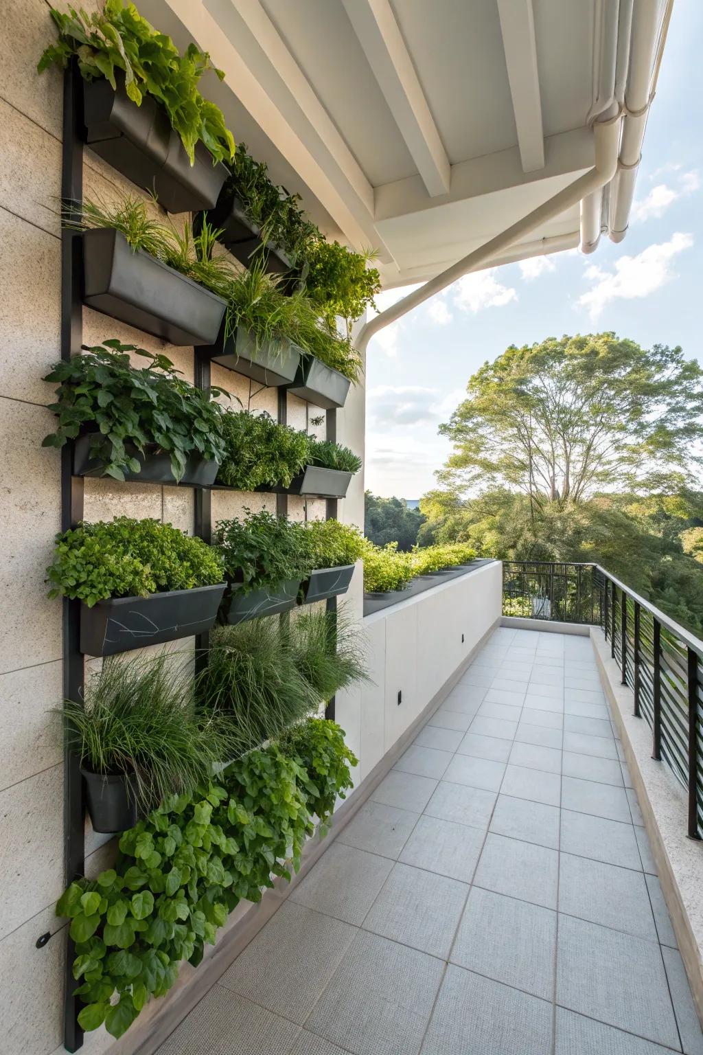 Vertical planters maximize greenery while saving space.