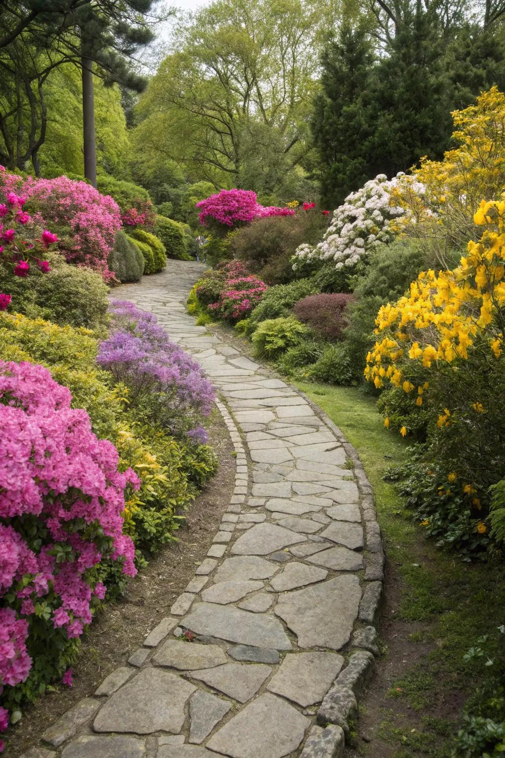 A charming stone pathway guiding through the lush garden.