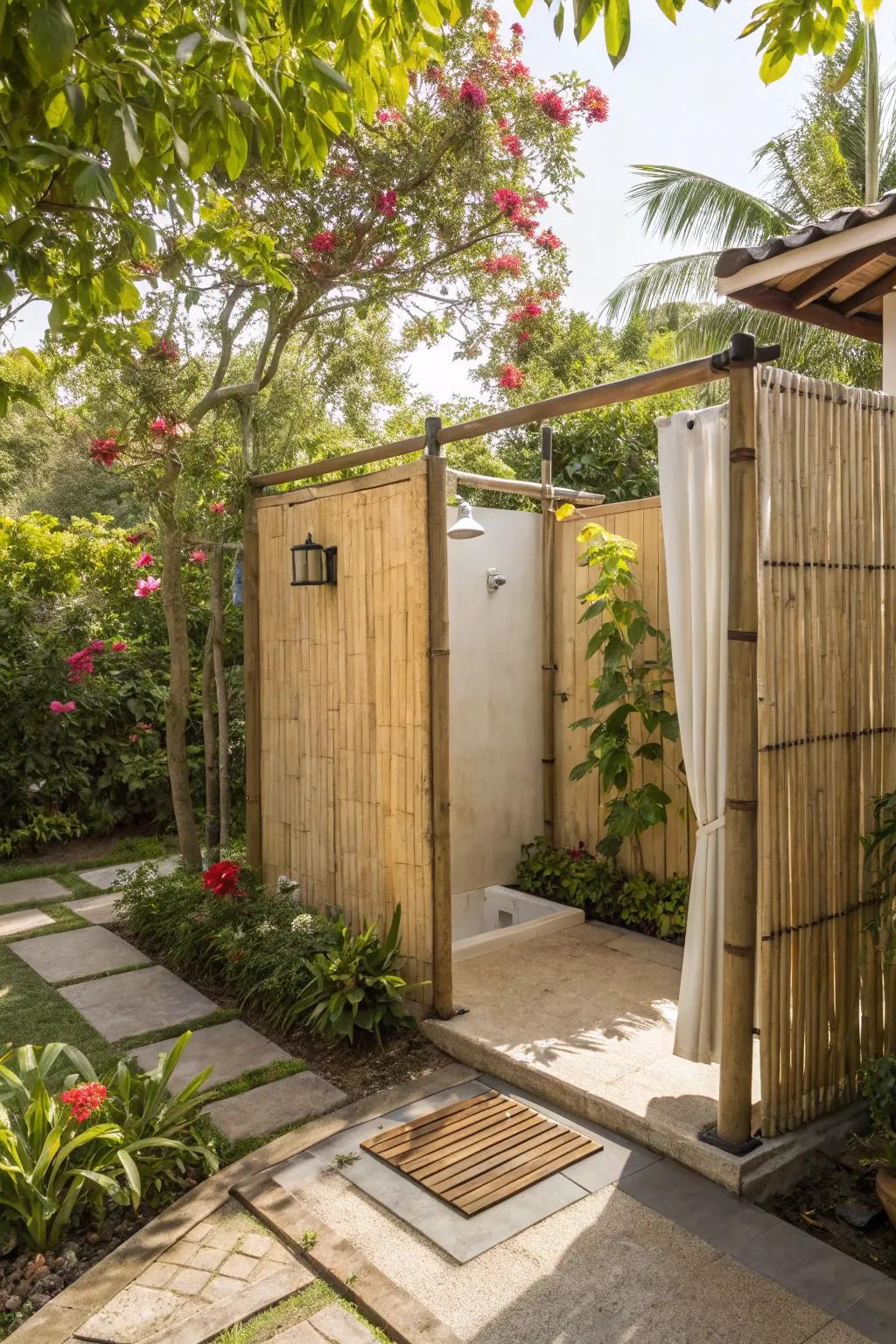 Bamboo screens offer privacy while maintaining an open-air feel.