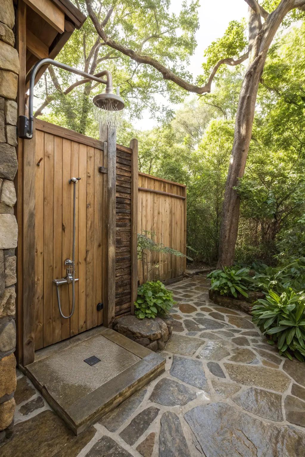 A rustic outdoor shower featuring natural stone flooring.