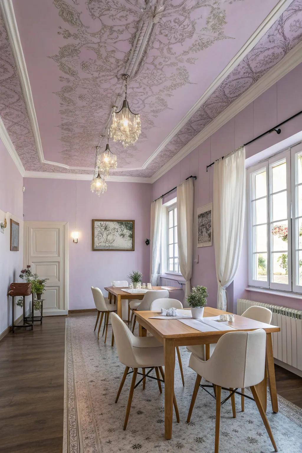 Pastels create a serene and elegant dining environment.