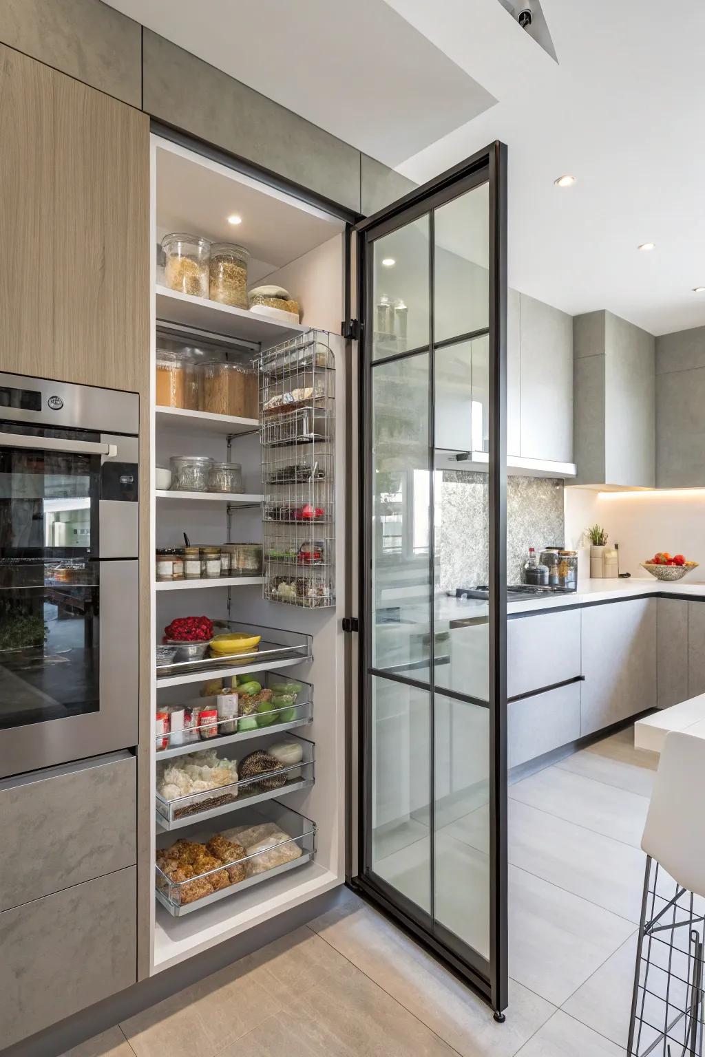 Glass doors add a touch of modern elegance to your pantry.