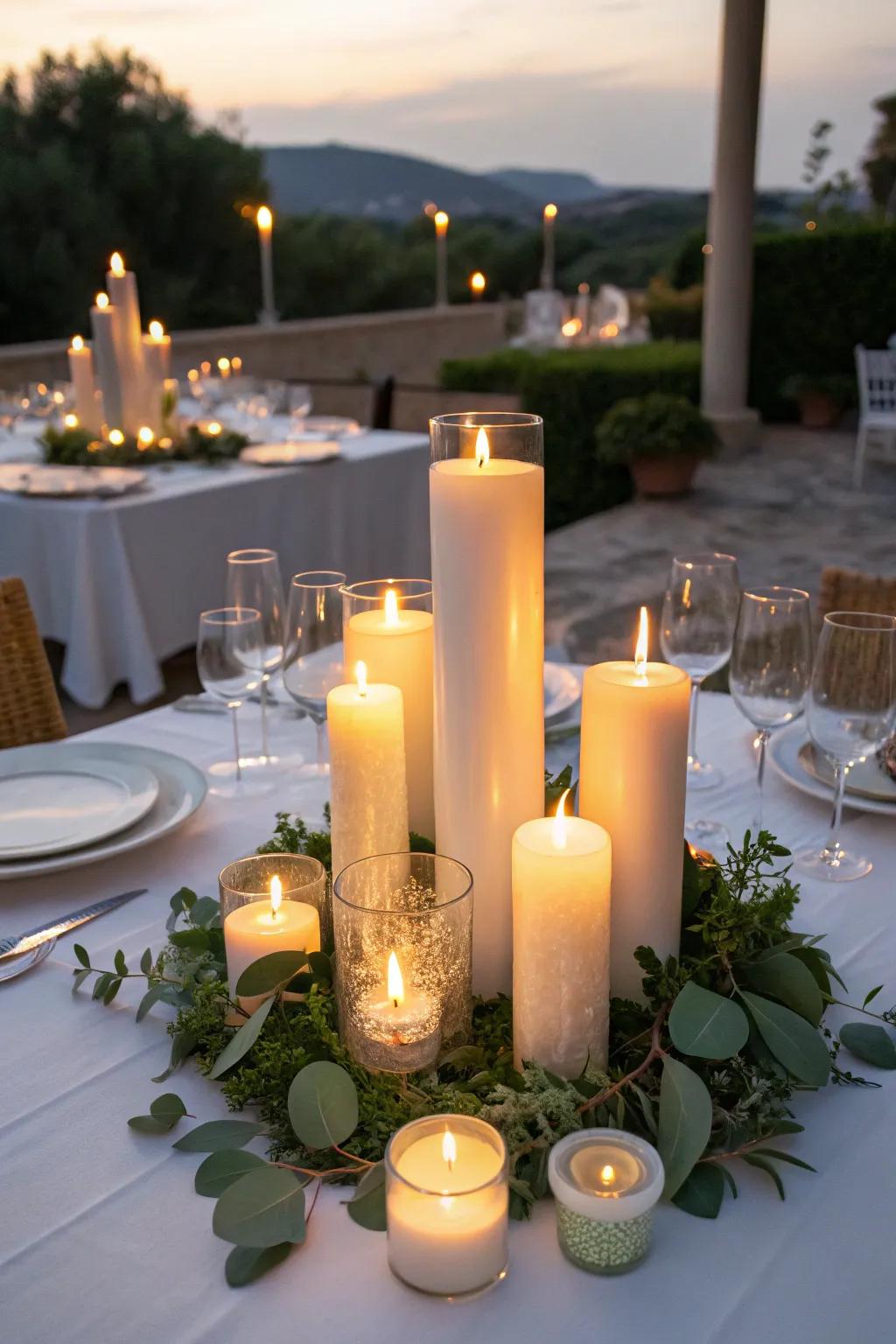 A candlelit centerpiece creating a warm, romantic glow.