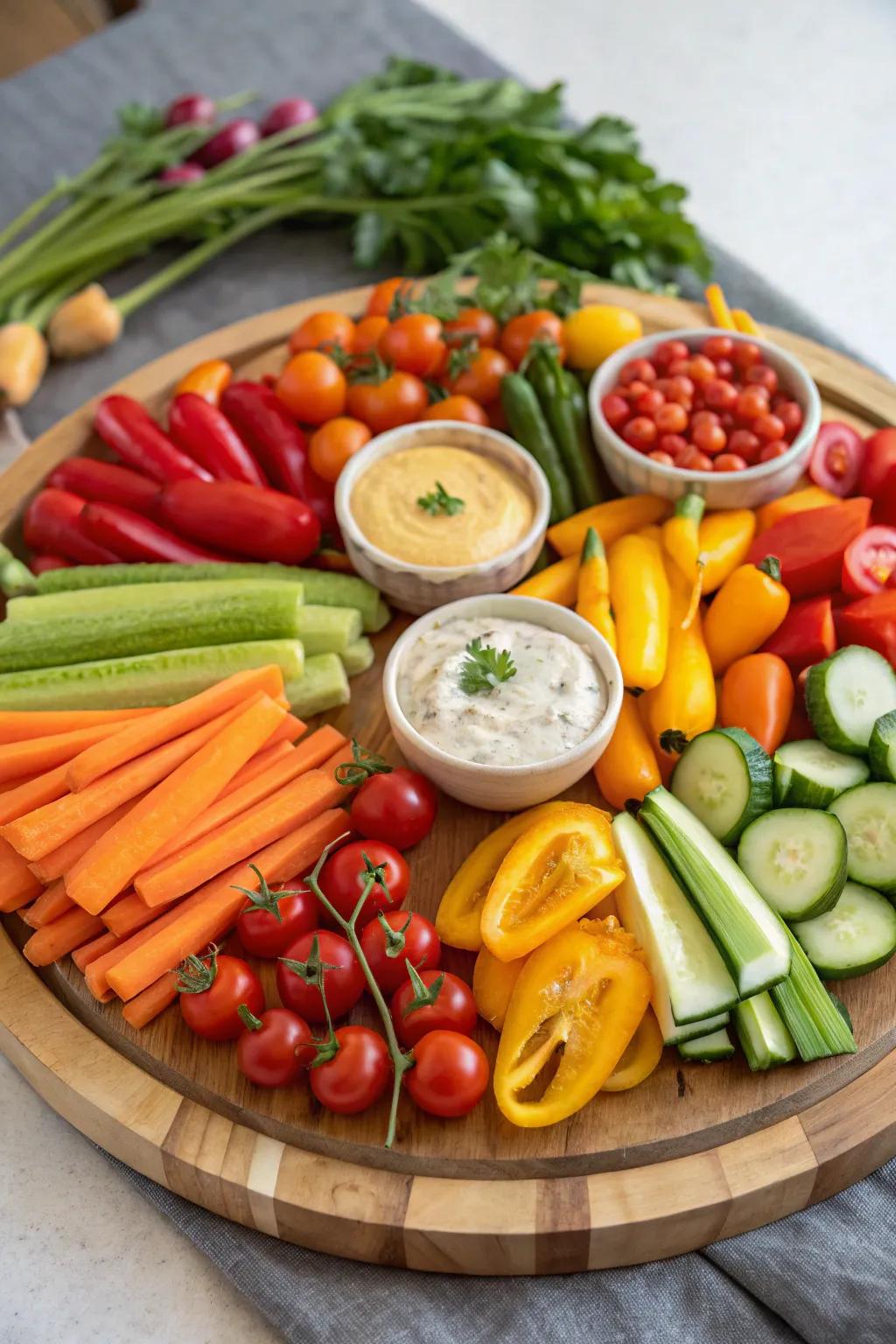 A vibrant assortment of fresh vegetables with delightful dips.