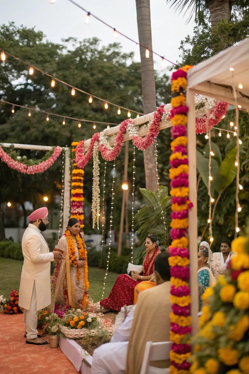 Flower garlands adding a festive touch to a pasni ceremony.