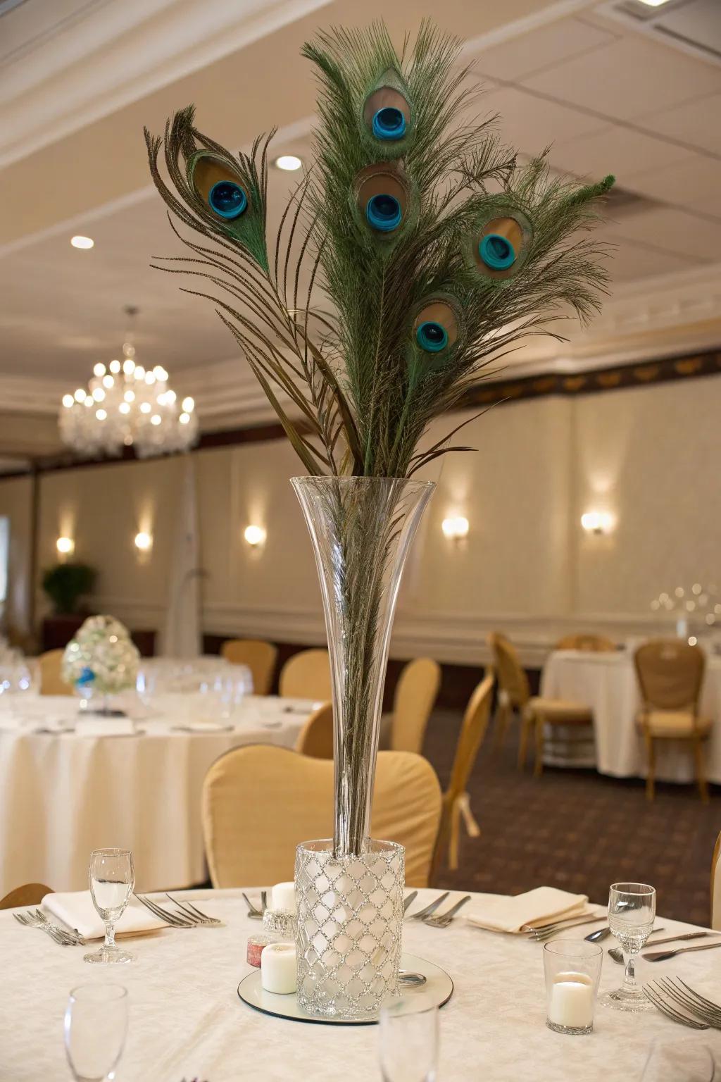 A tall and dramatic centerpiece using peacock feathers.