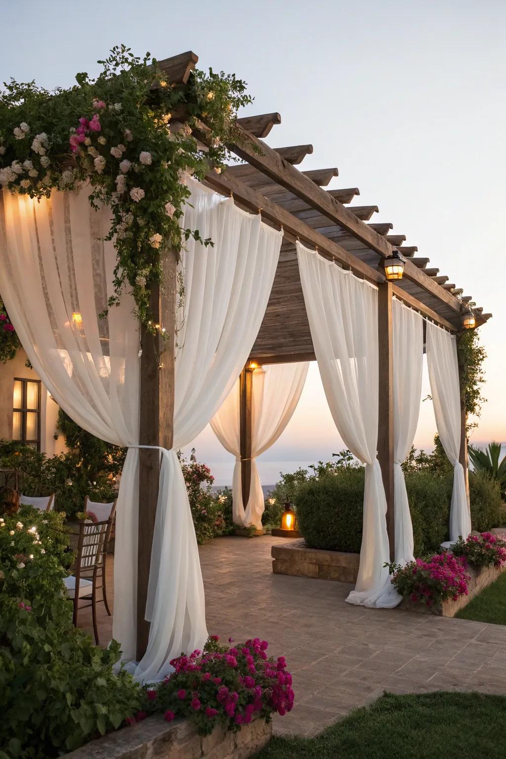 Flowing drapes add elegance and privacy to your pergola space.