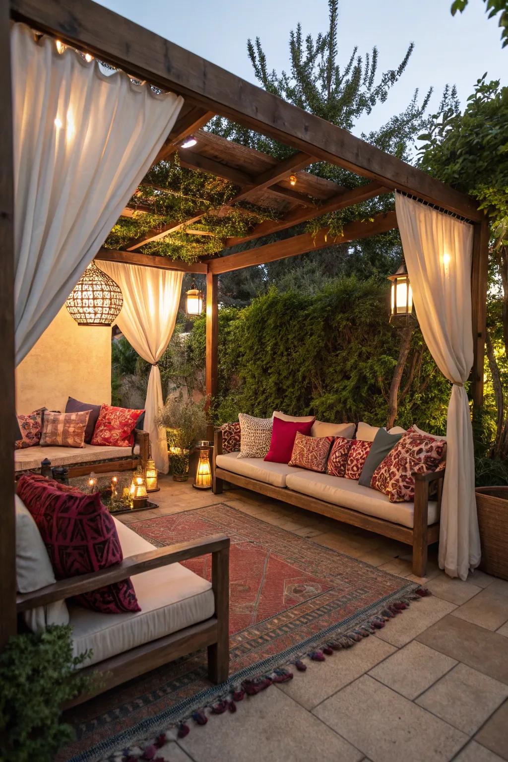 Transform your pergola into a cozy retreat with comfy seating.