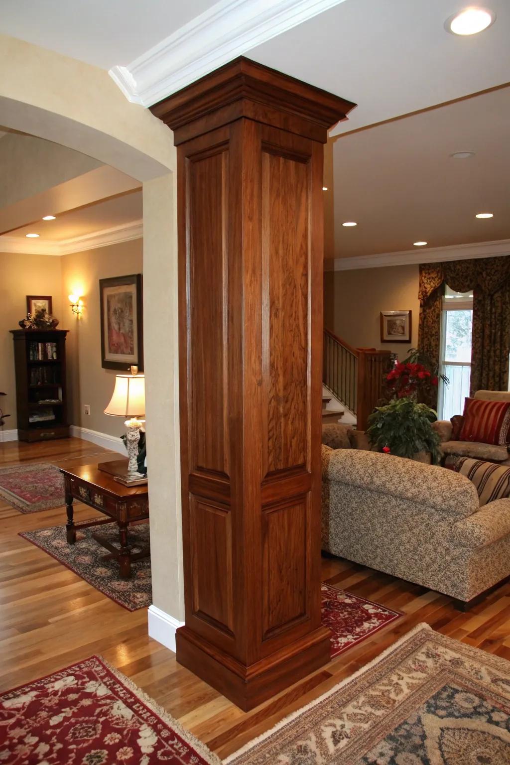 Wood cladding brings warmth and a natural feel to indoor pillars.