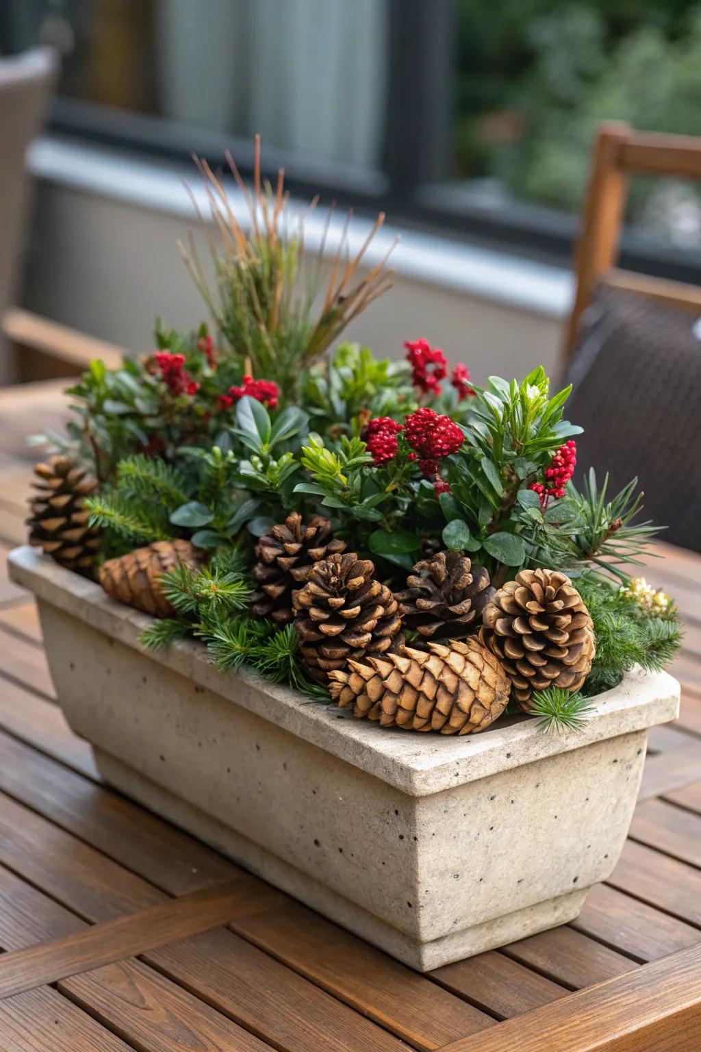 Pinecones add visual interest and functionality to planters.