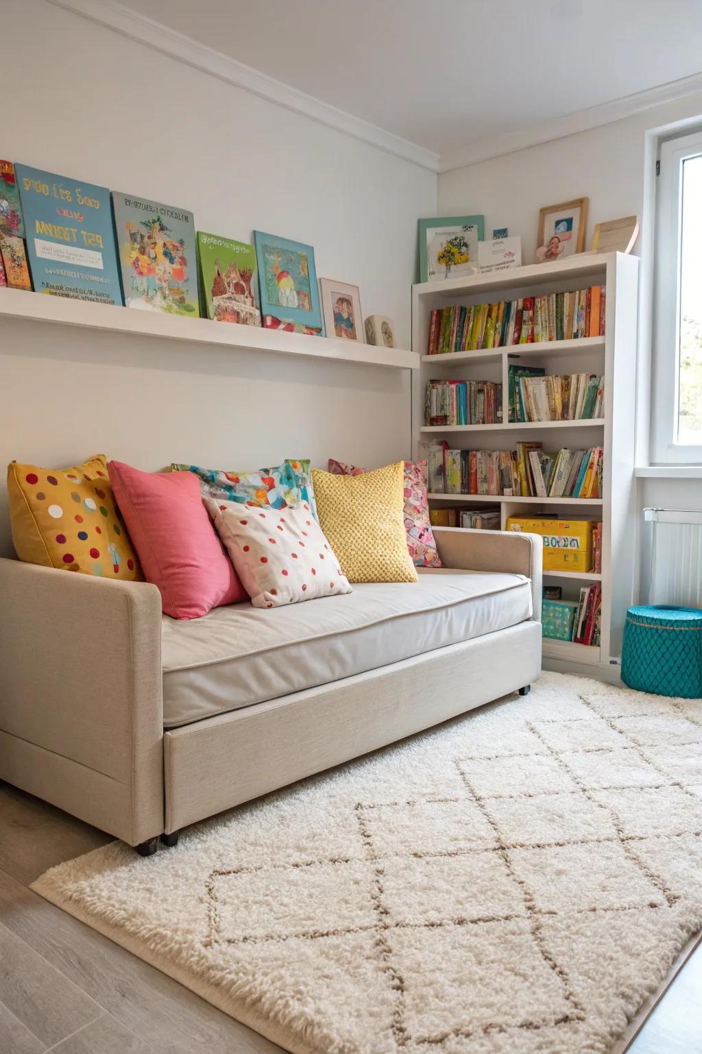 A versatile playroom with a convertible sofa bed for nap time.