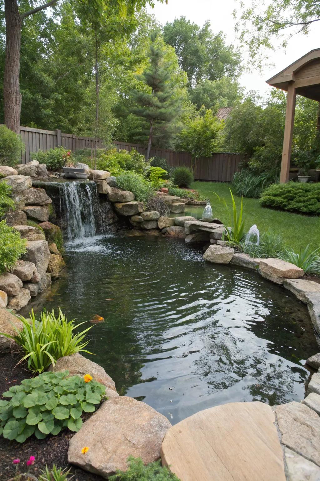 A peaceful backyard pond with a small waterfall cascading into it.