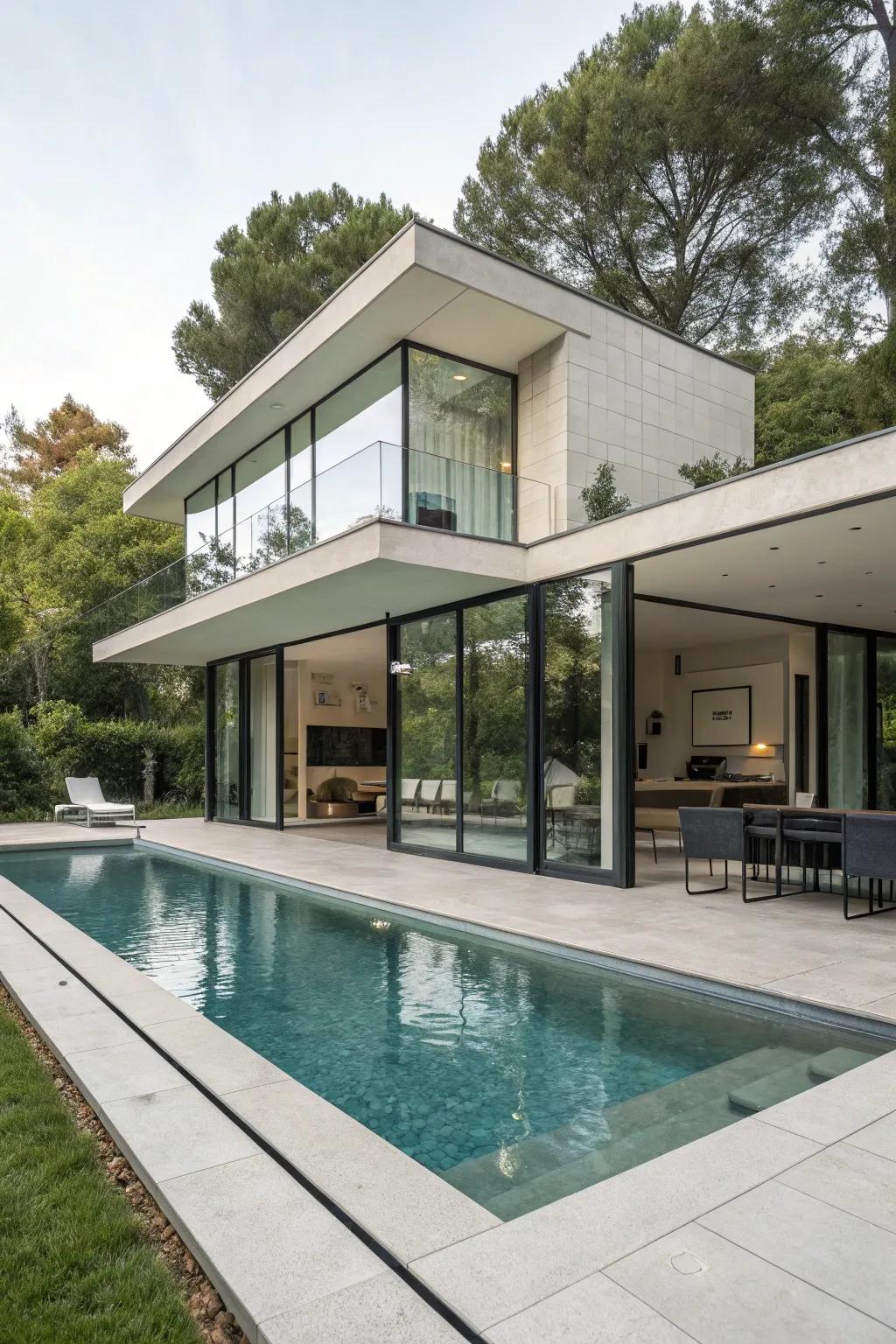 A modern pool house with sleek and sophisticated aesthetics.