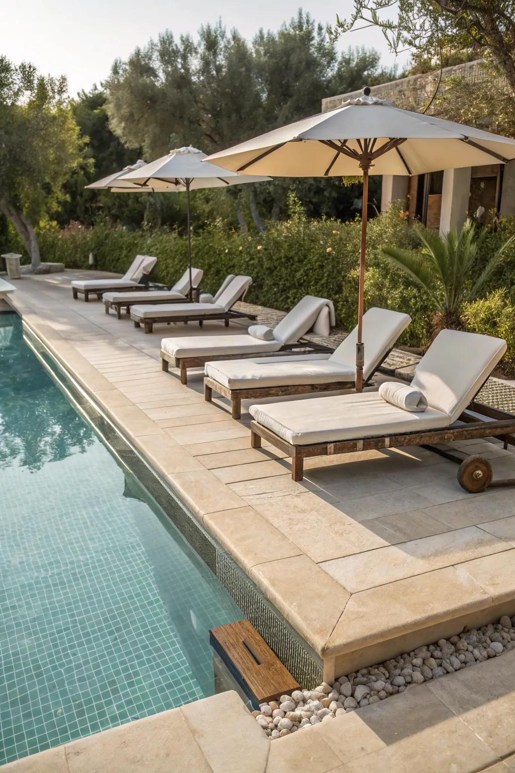 A pool featuring a tanning ledge with sun loungers.