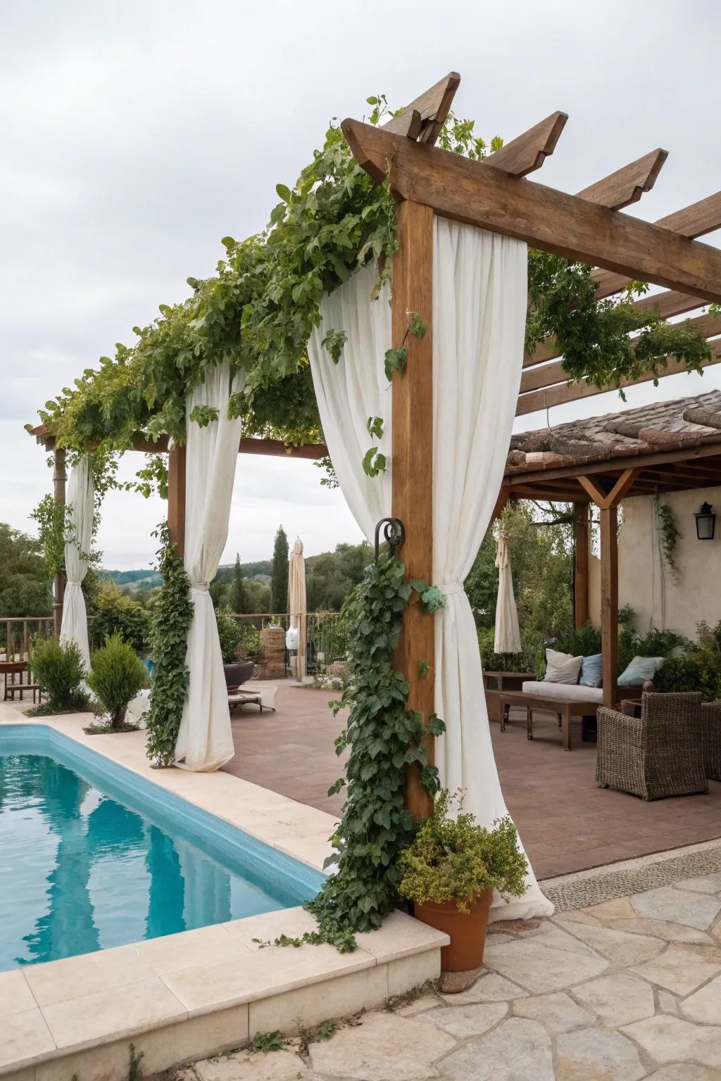 Add elegance and shade to your poolside with a beautifully draped pergola.