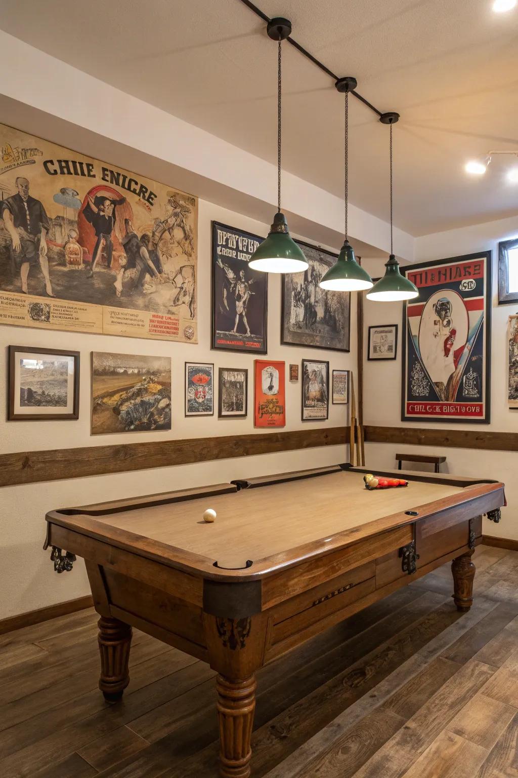 Let your walls tell a story with art that complements your pool table room.