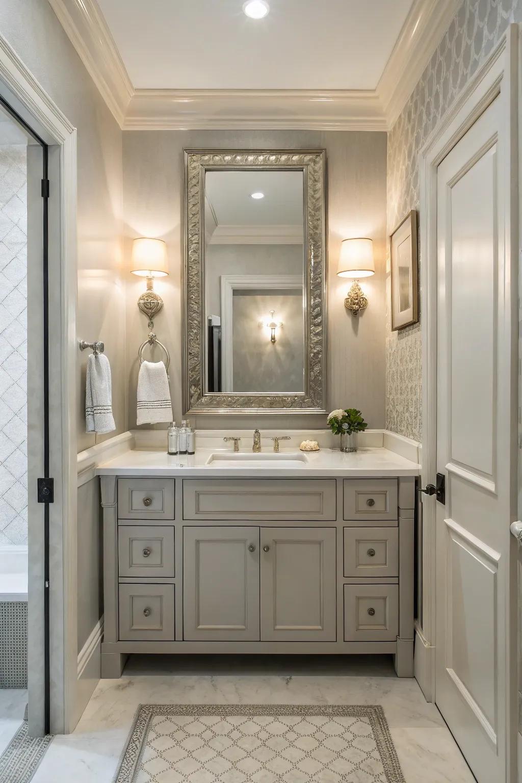 An elegant powder room featuring a soothing neutral color palette.