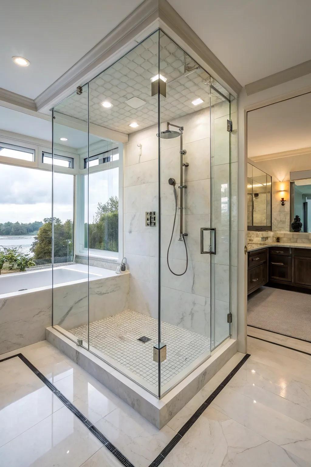 A glass-enclosed shower offers a modern and open feel.