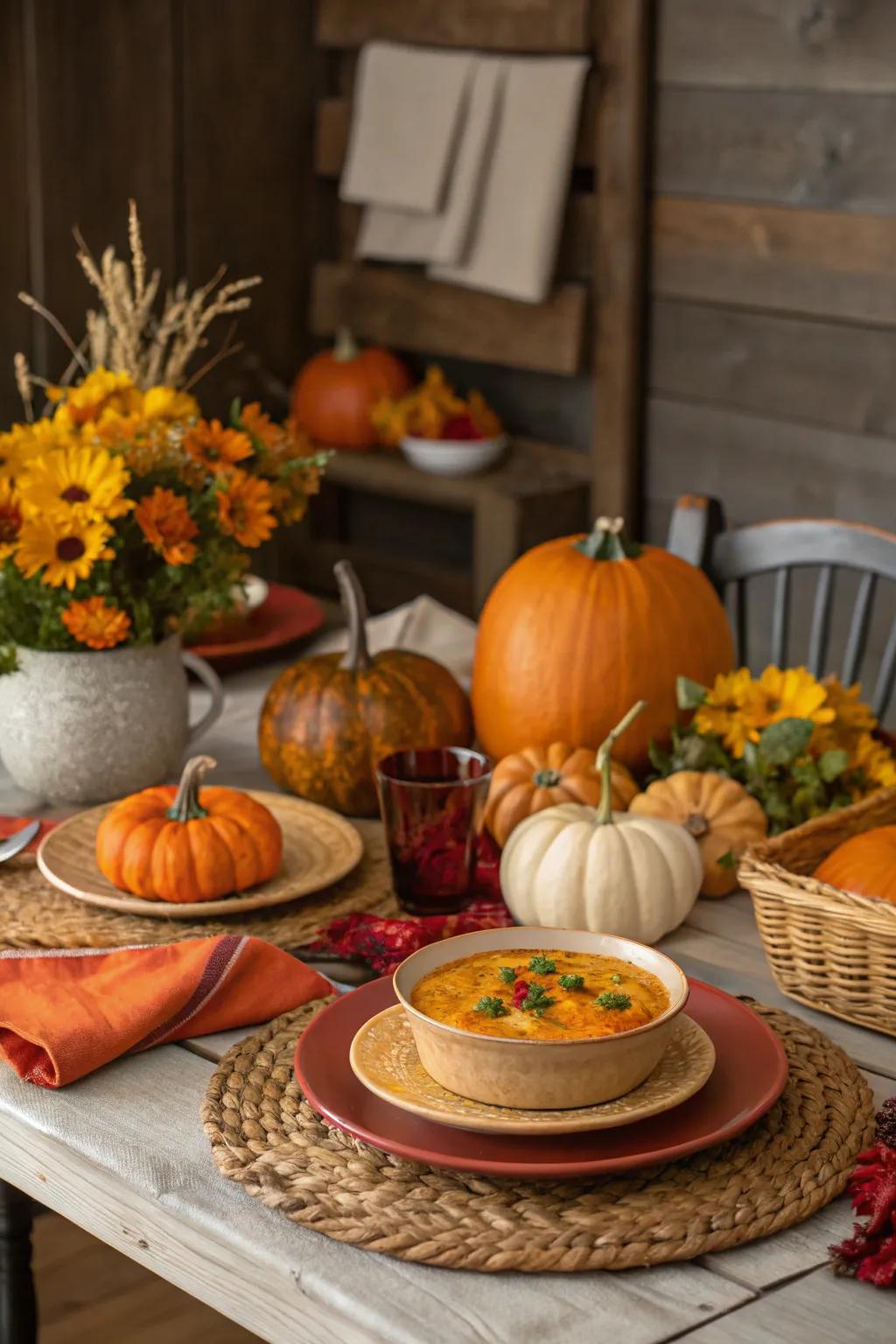 A rustic dining table with autumn harvest dishes and decorations, featuring pumpkins and gourds.