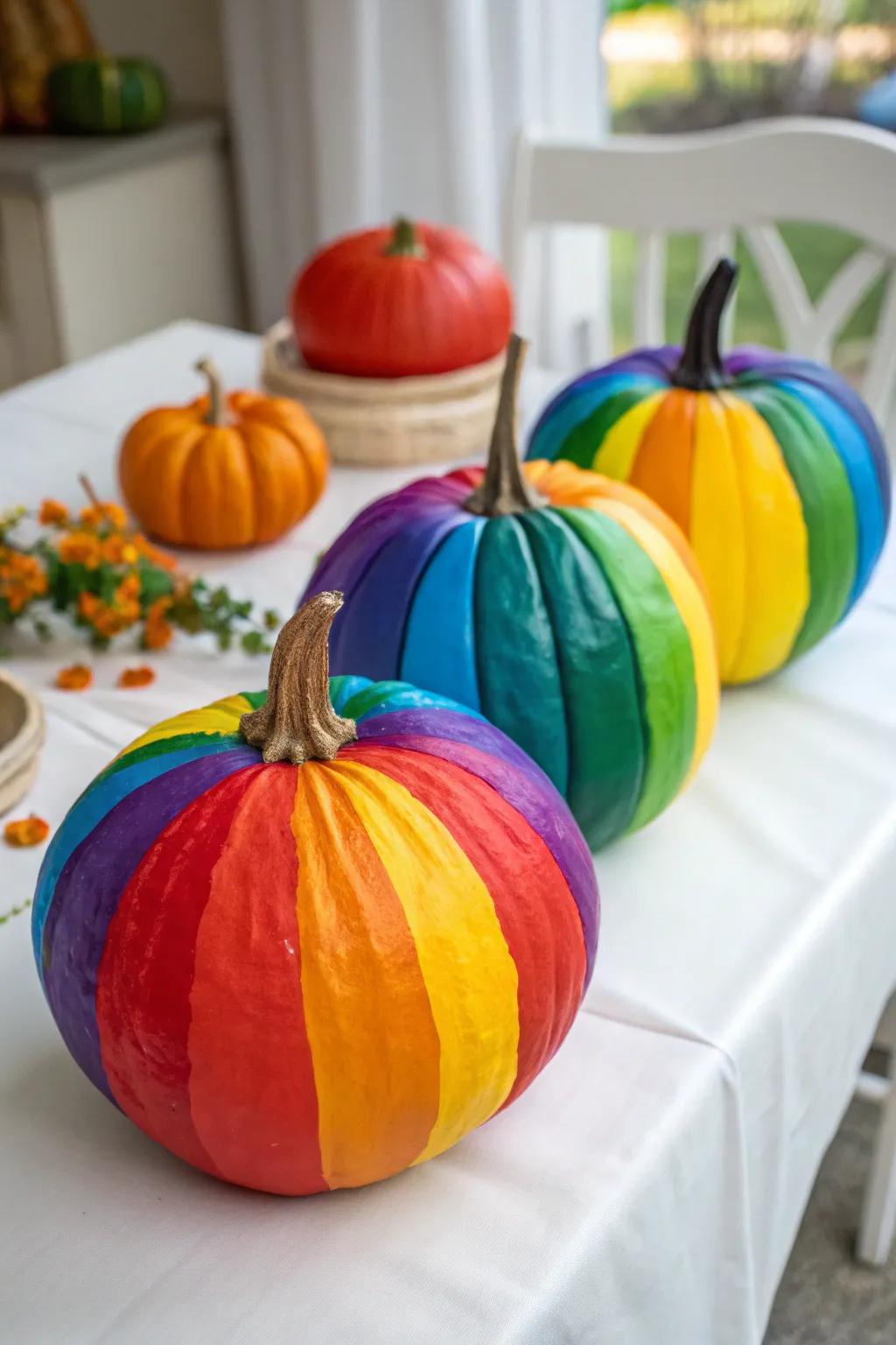 Vibrantly painted pumpkins bringing a splash of color.