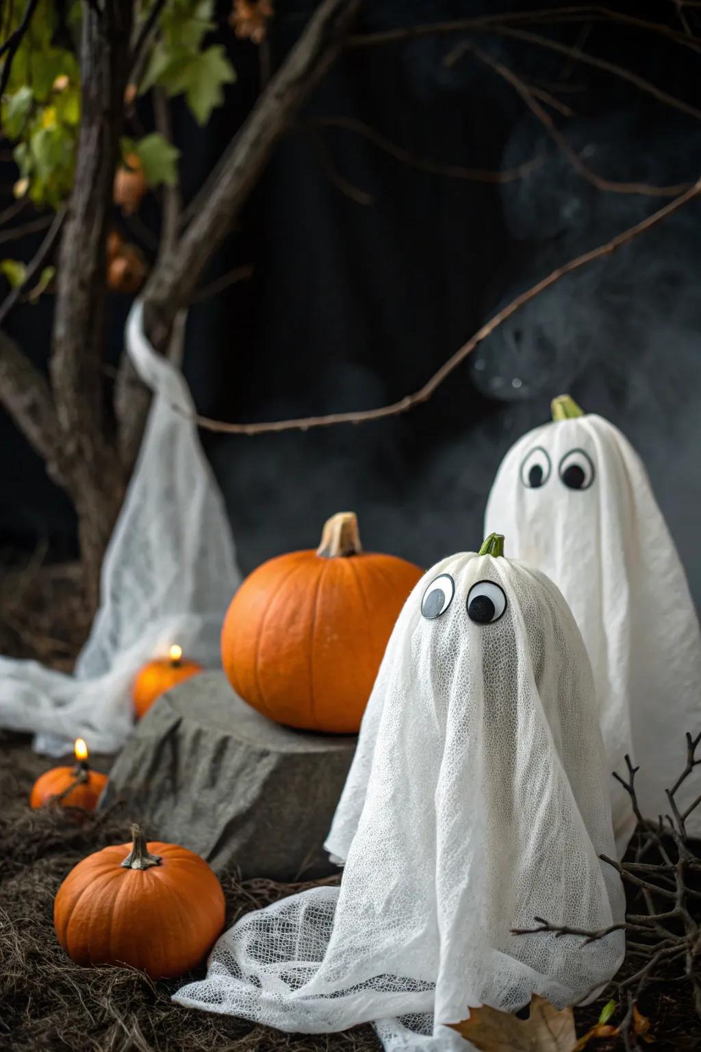 Create a spooky atmosphere with mummy-themed pumpkins.