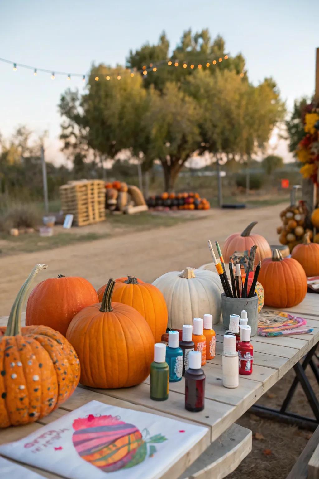 Encourage creativity with a pumpkin painting station.