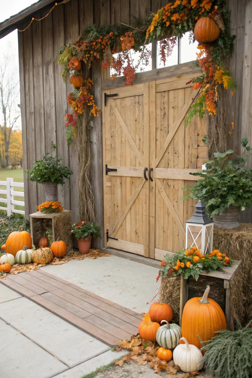 A rustic barn backdrop enhanced with pumpkins and greenery.