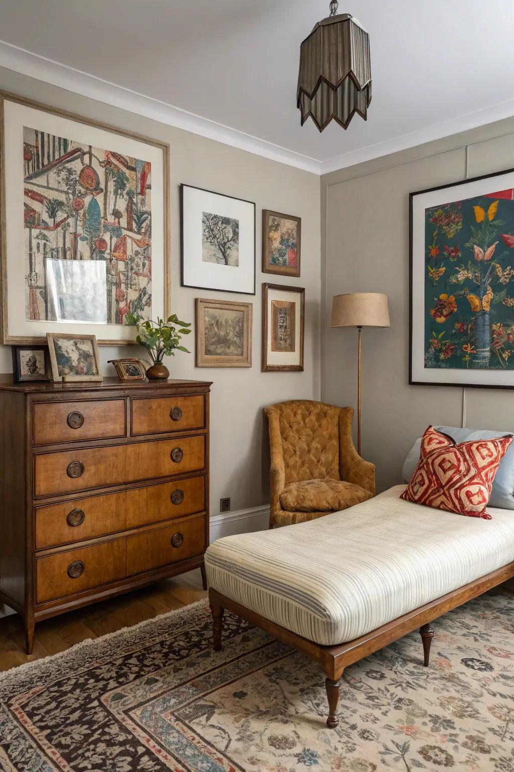 An eclectic bedroom blending vintage charm with modern flair.
