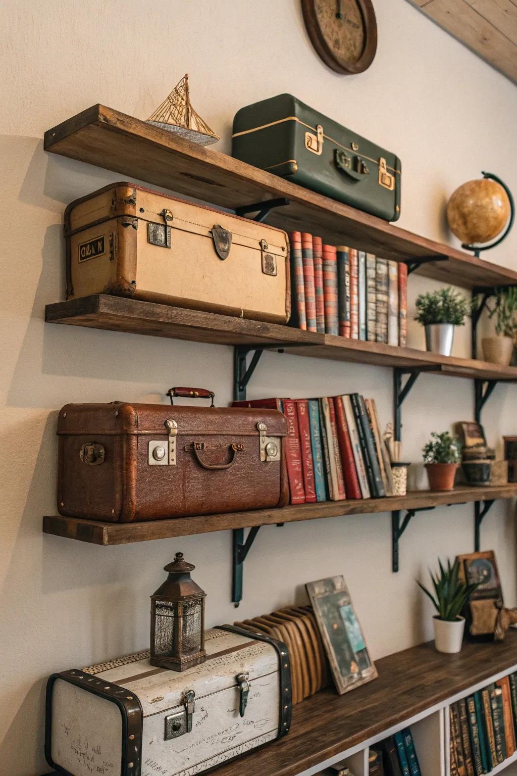 Vintage suitcases repurposed as charming shelves.