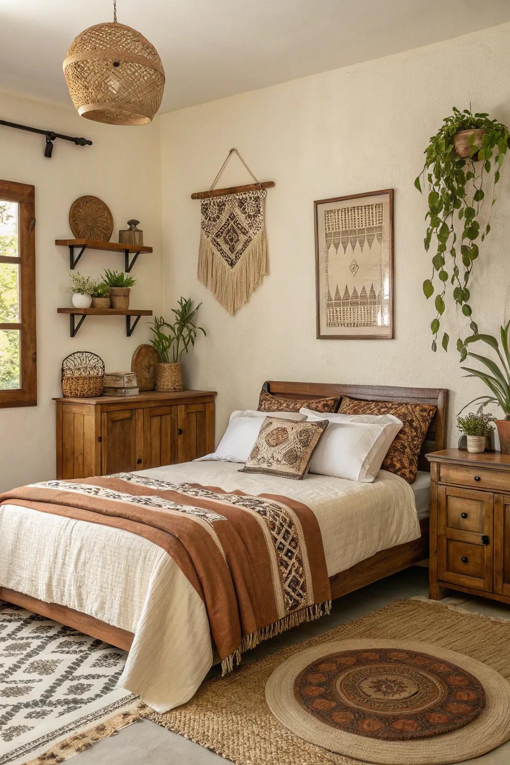 A bedroom decorated with earthy tones of browns and creams, creating a cozy atmosphere.