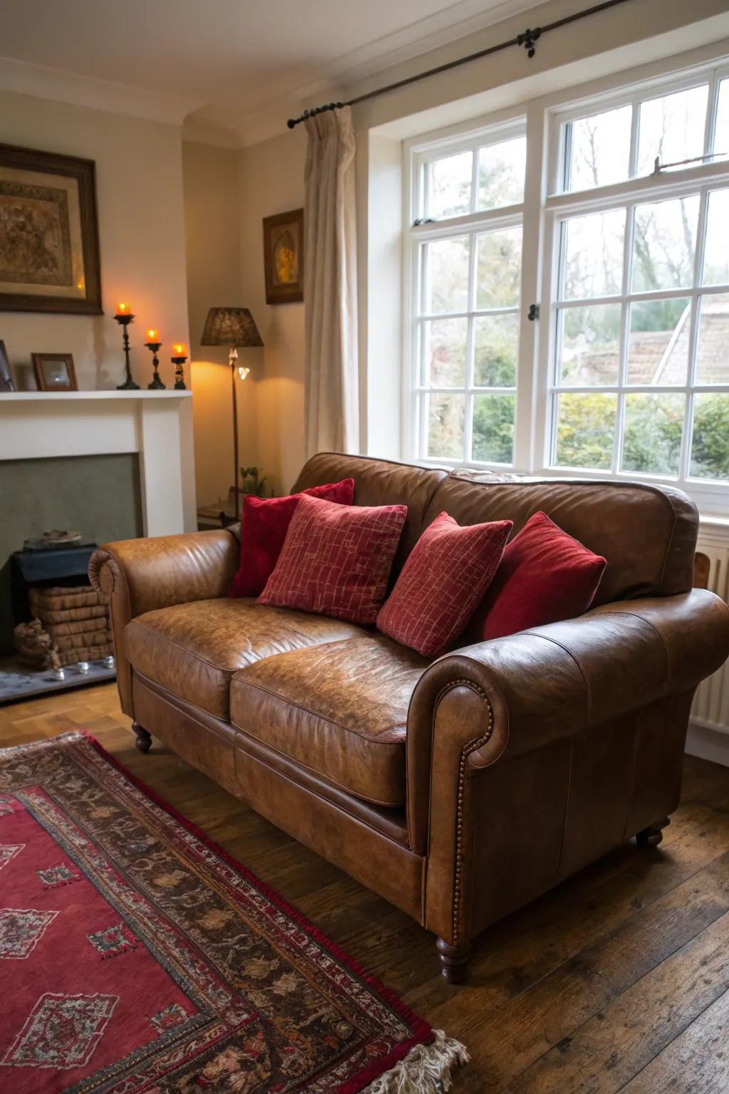 Brown furniture paired with red accents creates a warm and inviting space.