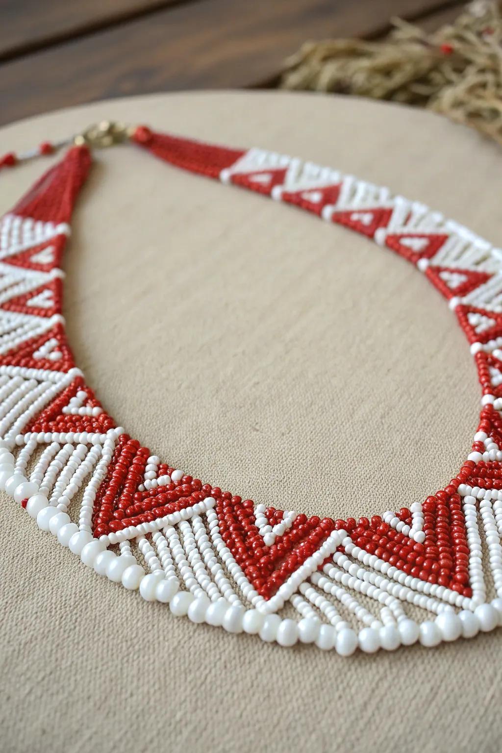 Transform your style with a red and white beaded necklace.