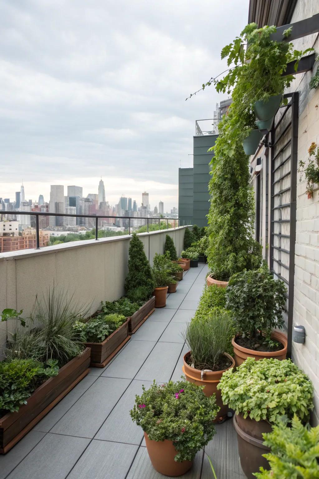 Bring nature to your rooftop deck with a mix of potted plants and vertical gardens.