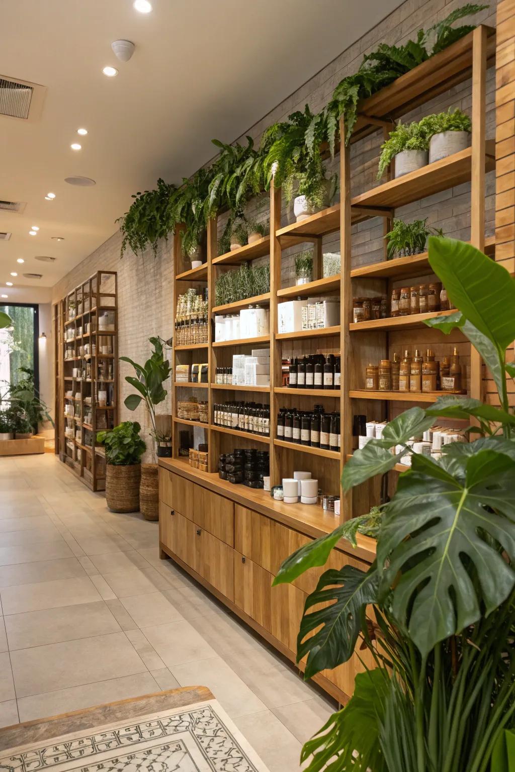 Natural elements like wood and greenery bring a serene touch to retail spaces.