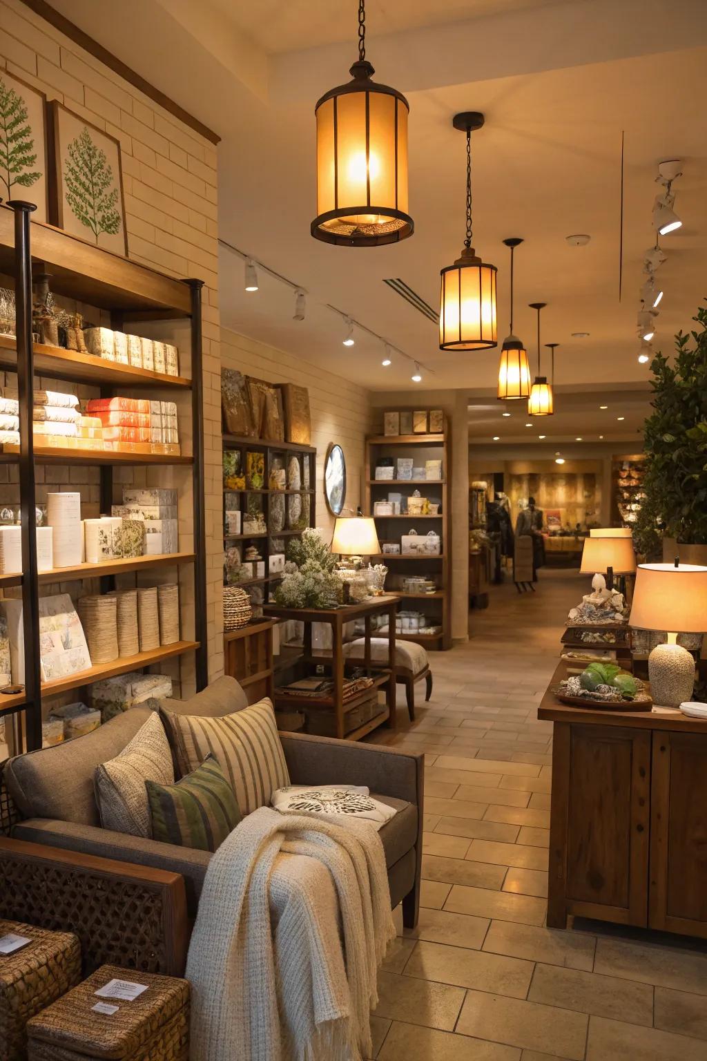 Ambient lighting casting a warm glow in a retail setting.