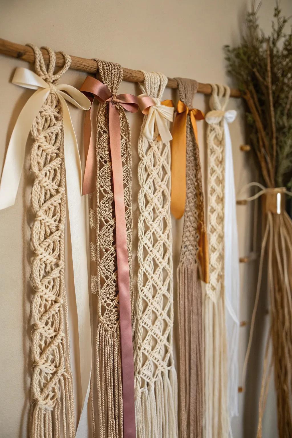 Bohemian ribbon wall art for a touch of elegance.