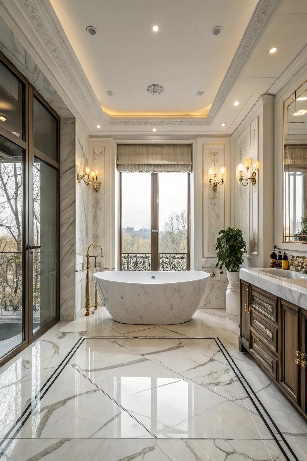 Marble brings classic sophistication to this Roman-style bathroom.